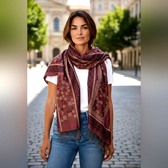 Pashmina EXOTIC Shoulder Wrap Shaw 68" x 25" Maroon & Gold LARGE Fringe Aztec - Picture 1 of 13